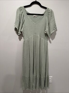 In Bloom Light Sage V-Neck Tiered Midi Dress with Flutter Sleeves